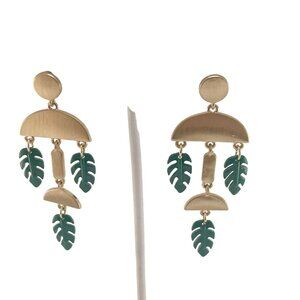 Monstera Leaf Green Drop Tiered Drop Post Earrings Gold Plated